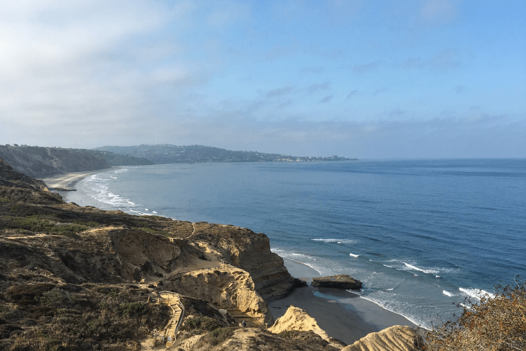 San Diego, California, beach and cliffs view facing south on sunny day