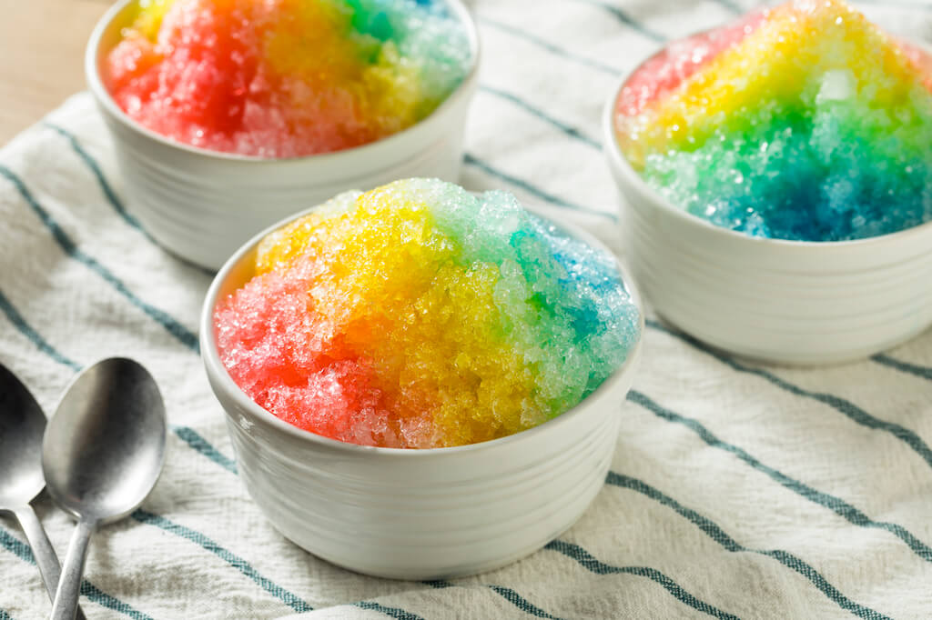 Sweet Homemade Shaved Rainbow Hawaiian Ice in a Bowl