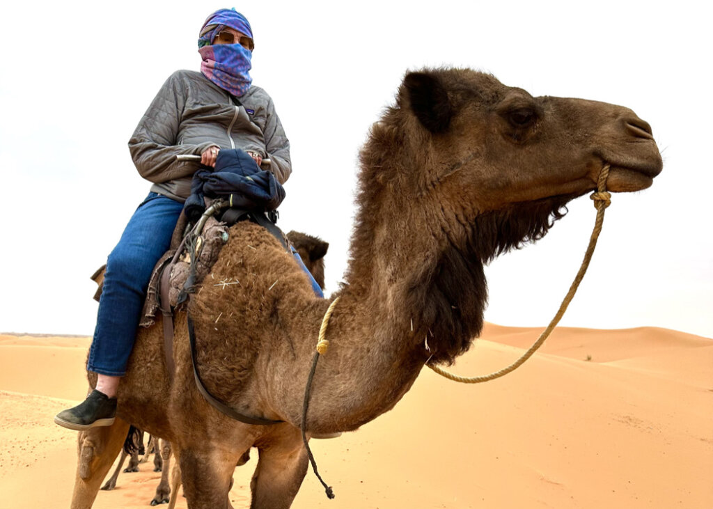 woman riding a camel in the Sahara Desert