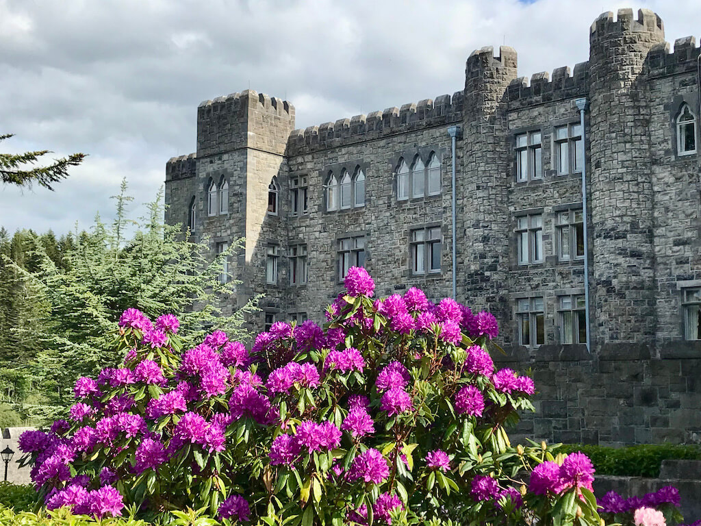 Ashford Castle exterior with rhododendrons in forefton