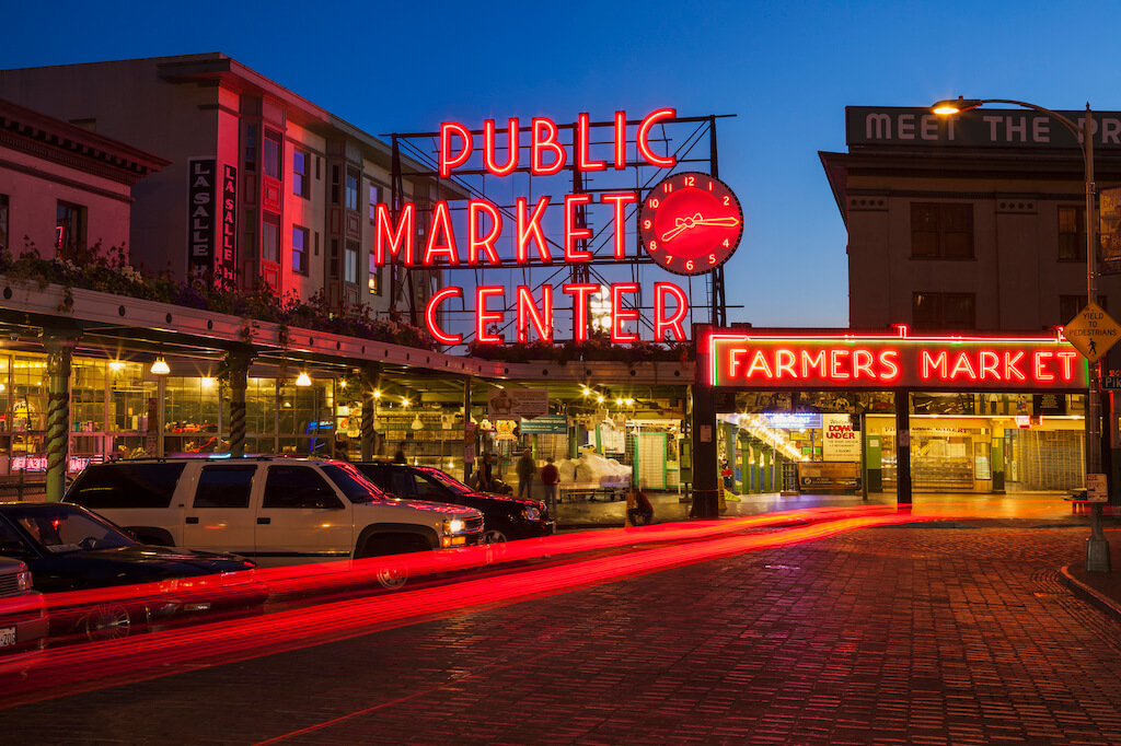 Pike Place Market in Seattle, Washington, at evening