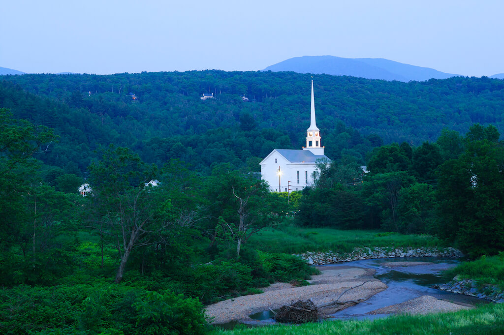 Stowe Community Church at dusk in Stowe, Vermont, USA