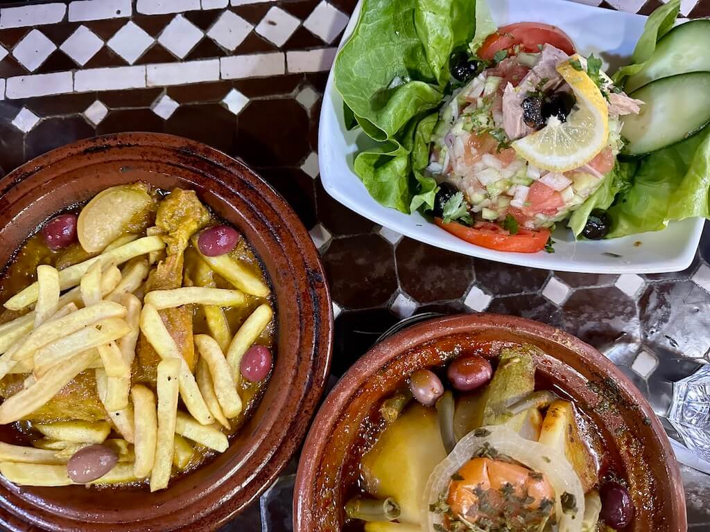 tagine, french fries and Moroccan salad in Rabbat.
