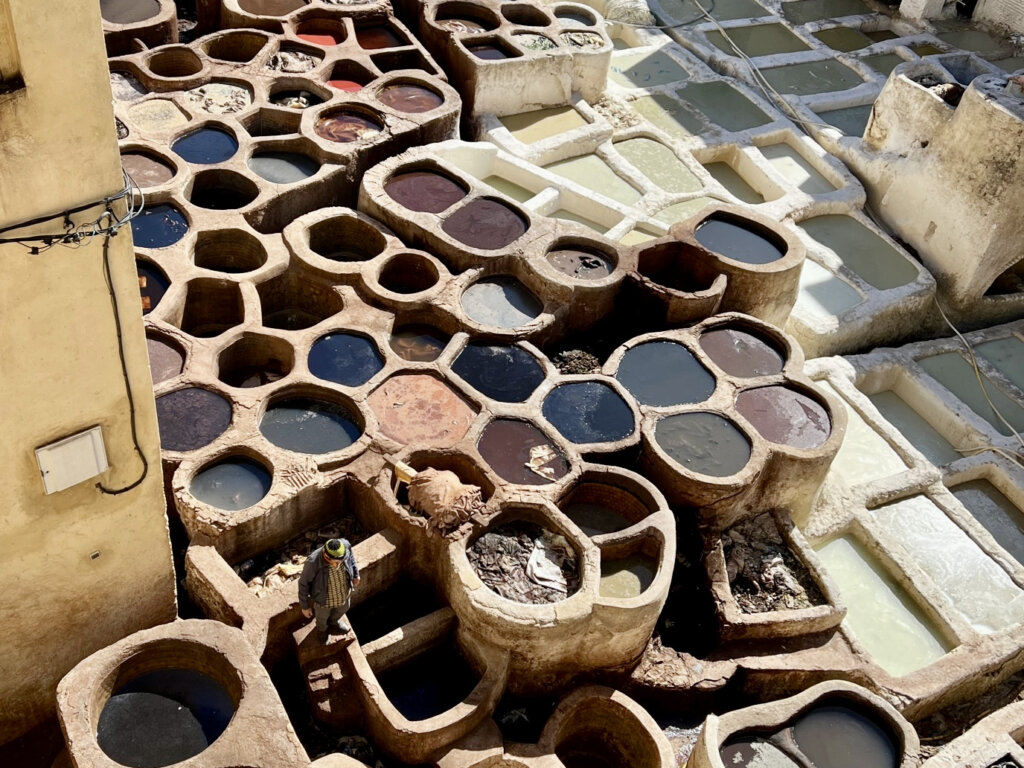 view of vats of dyes in a Fes tannery