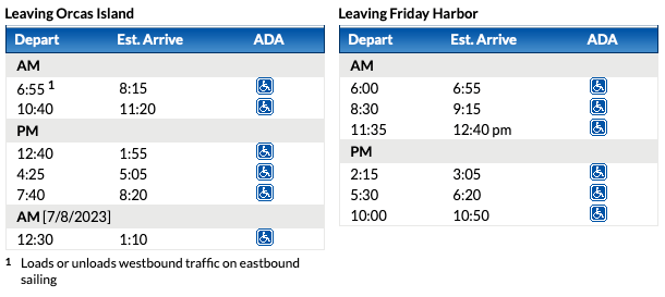 Washington State Ferries Schedule by Date between Orcas Island and Friday Harbor