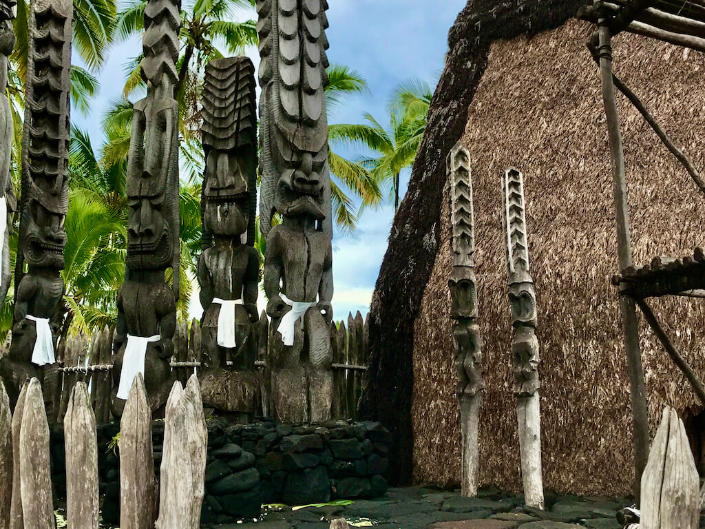 carved wooden totems at Place of Refuge on Big Island