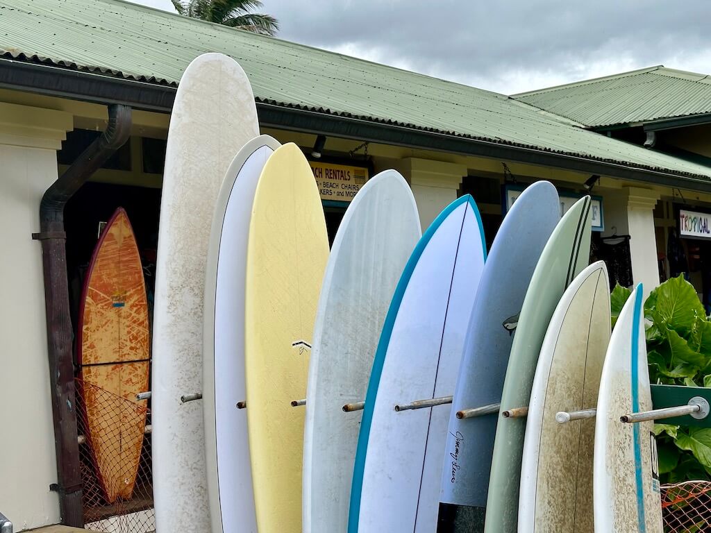 surf boards in a rack