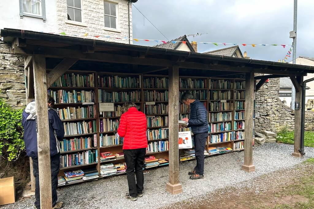 Streetside open-air book stall in Hay-on-Wye, Southern Wales