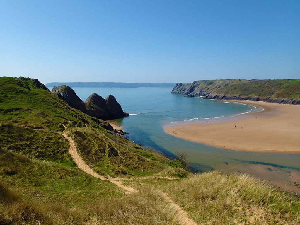 View overlooking Three Cliffs and beach, Gower Peninsula, Southern Wales