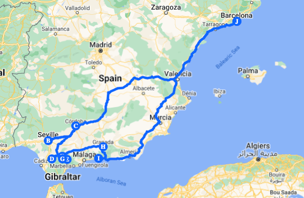 Image on Google maps of Spain itinerary