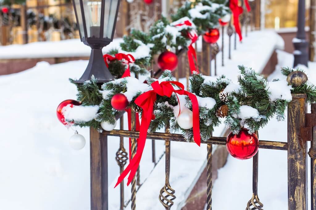 December Christmas decorations with pine and ornaments