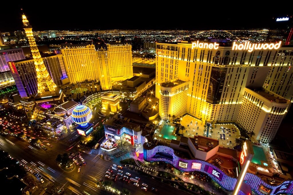Drone shot of Paris Paris and Planet Hollywood in Las Vegas